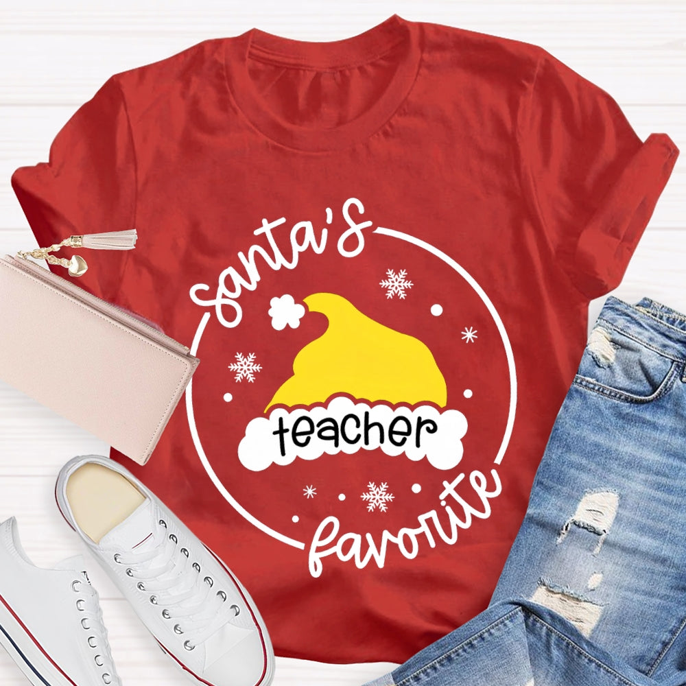 Santa'S Favorite Teacher Santa Hat And Snowflakes T-shirt
