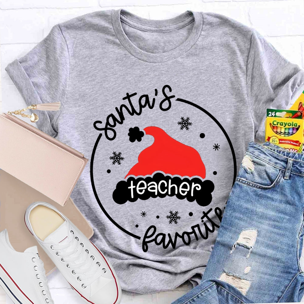 Santa'S Favorite Teacher Santa Hat And Snowflakes T-shirt
