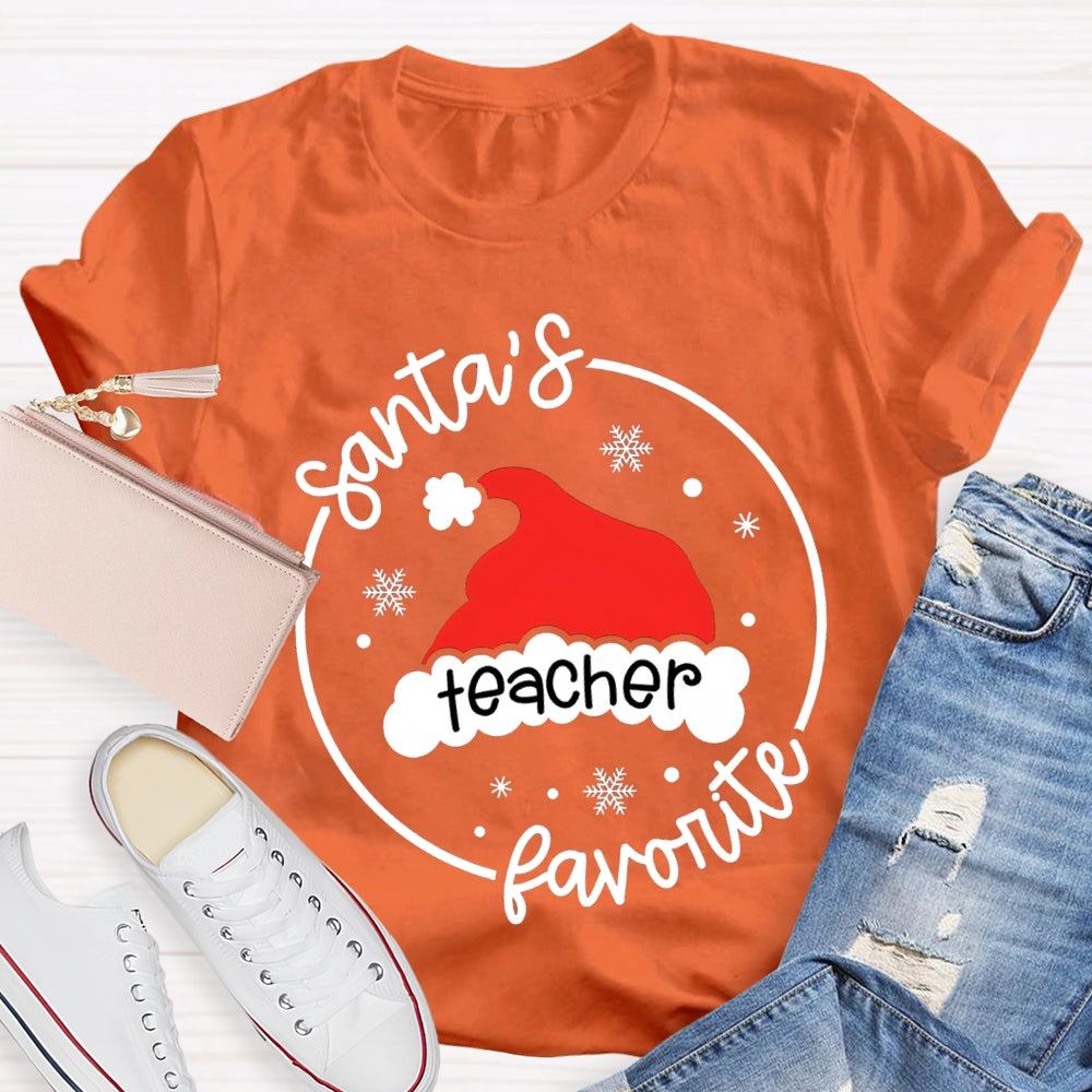 Santa'S Favorite Teacher Santa Hat And Snowflakes T-shirt