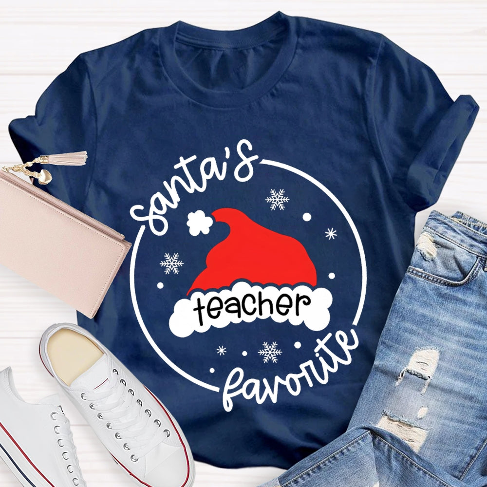 Santa'S Favorite Teacher Santa Hat And Snowflakes T-shirt