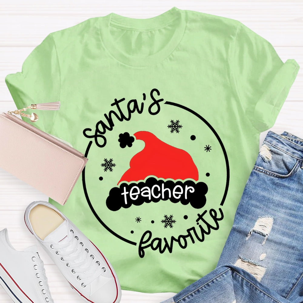 Santa'S Favorite Teacher Santa Hat And Snowflakes T-shirt