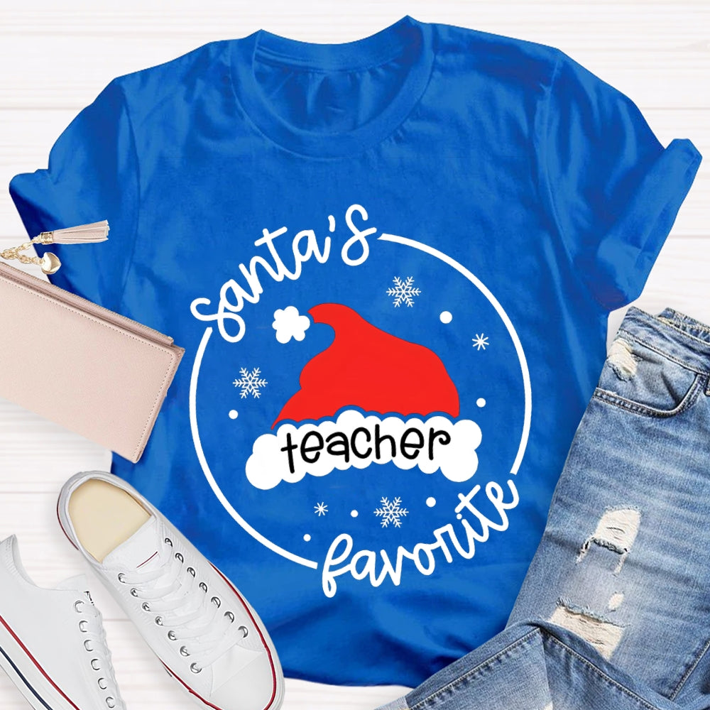 Santa'S Favorite Teacher Santa Hat And Snowflakes T-shirt