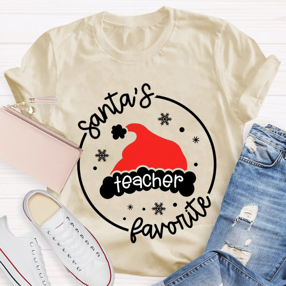 Santa'S Favorite Teacher Santa Hat And Snowflakes T-shirt