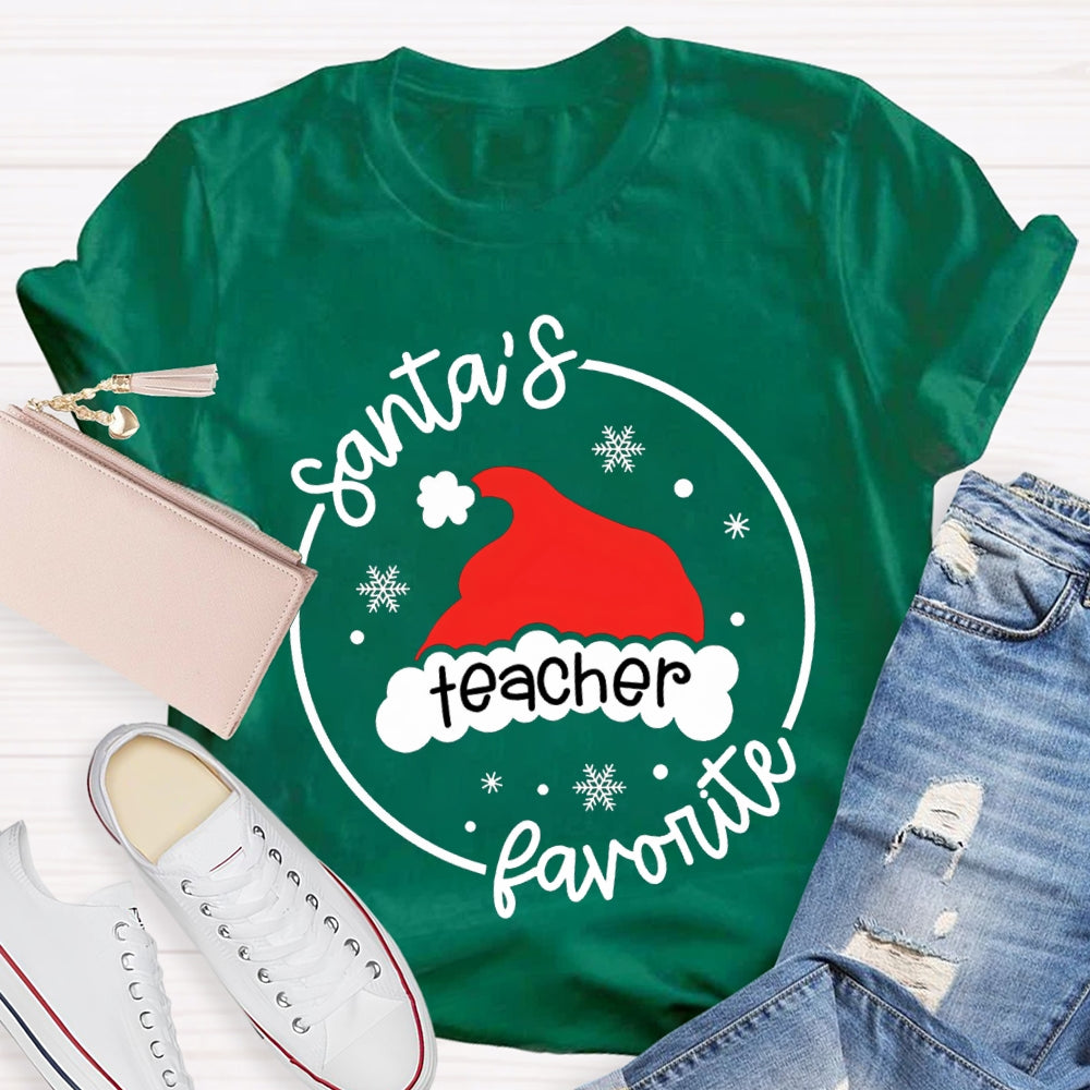 Santa'S Favorite Teacher Santa Hat And Snowflakes T-shirt