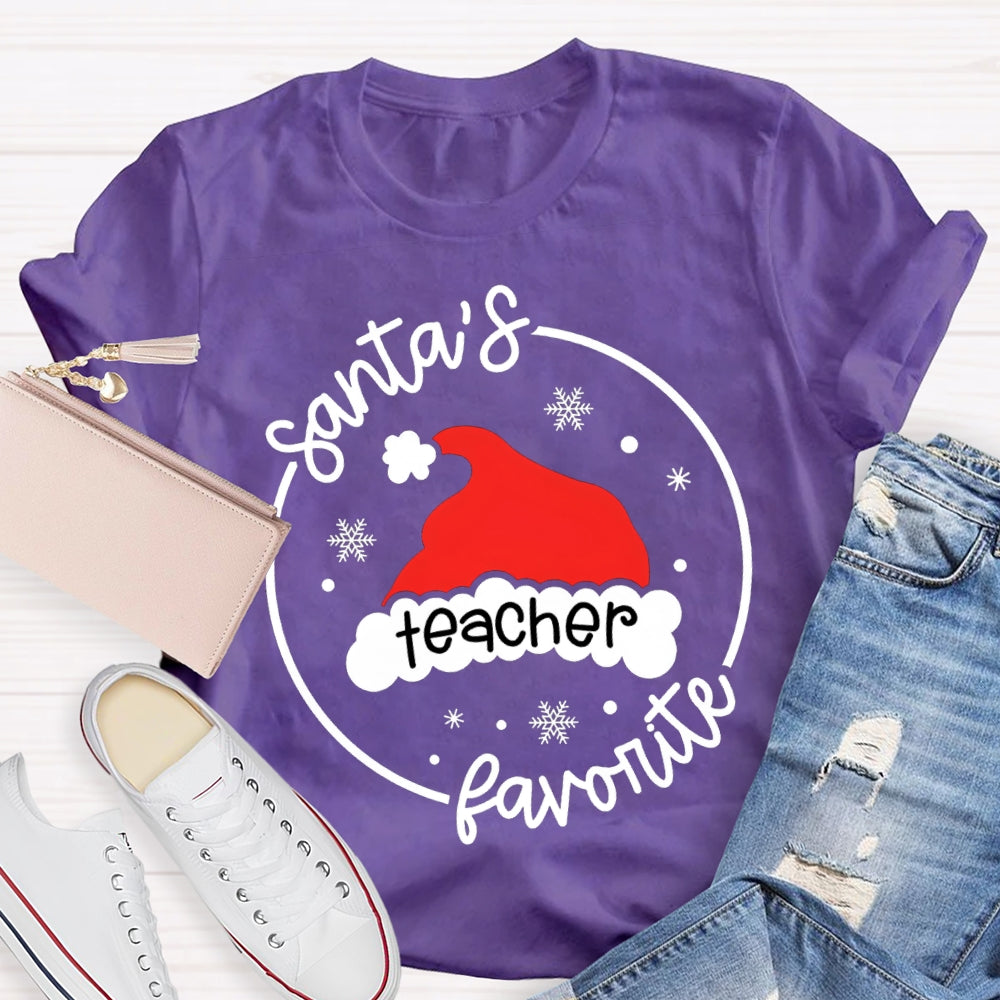 Santa'S Favorite Teacher Santa Hat And Snowflakes T-shirt