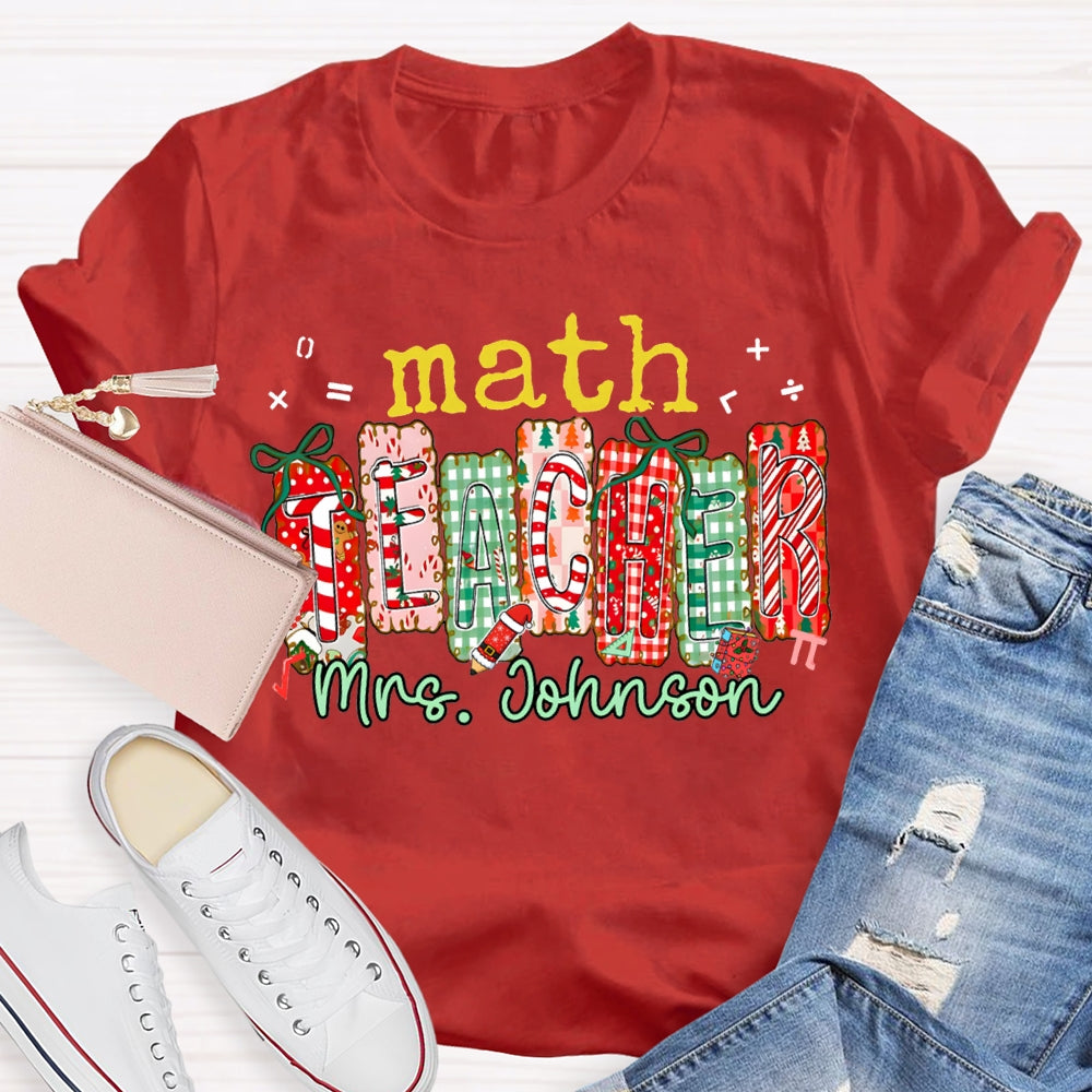 Personalized Name Math Teacher Colorful Christmas Block Font Christmas T-shirt