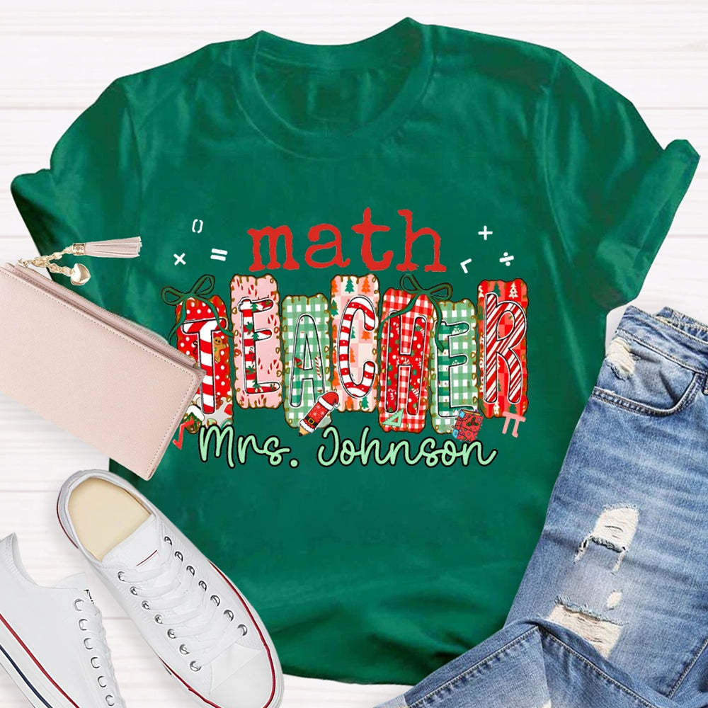 Personalized Name Math Teacher Colorful Christmas Block Font Christmas T-shirt
