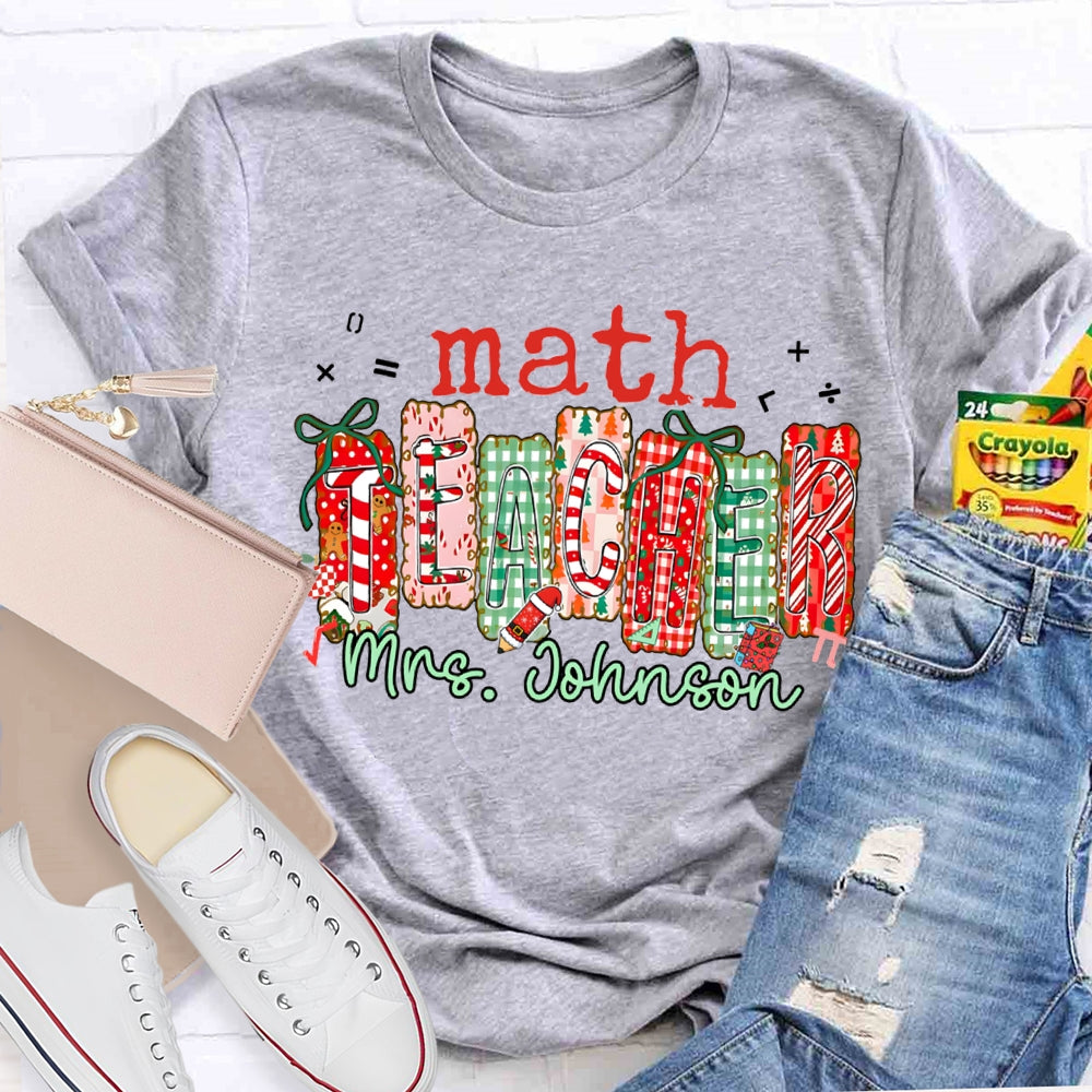Personalized Name Math Teacher Colorful Christmas Block Font Christmas T-shirt