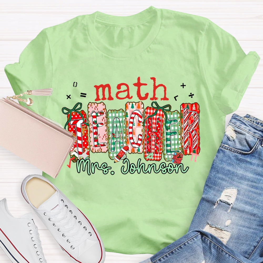 Personalized Name Math Teacher Colorful Christmas Block Font Christmas T-shirt