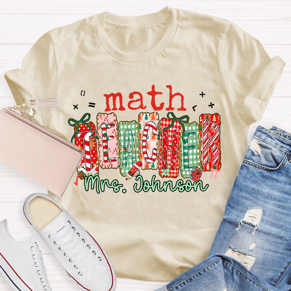 Personalized Name Math Teacher Colorful Christmas Block Font Christmas T-shirt