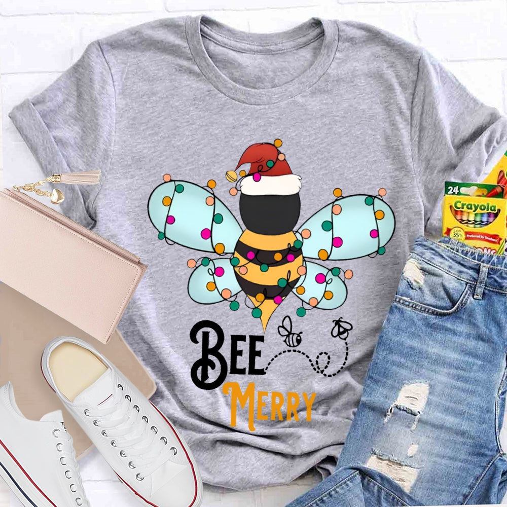 Bee Merry Santa Hats And Christmas Lights T-shirt