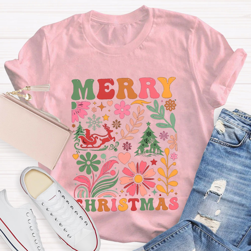 Merry Christmas Colorful Flowers And Christmas Trees T-shirt