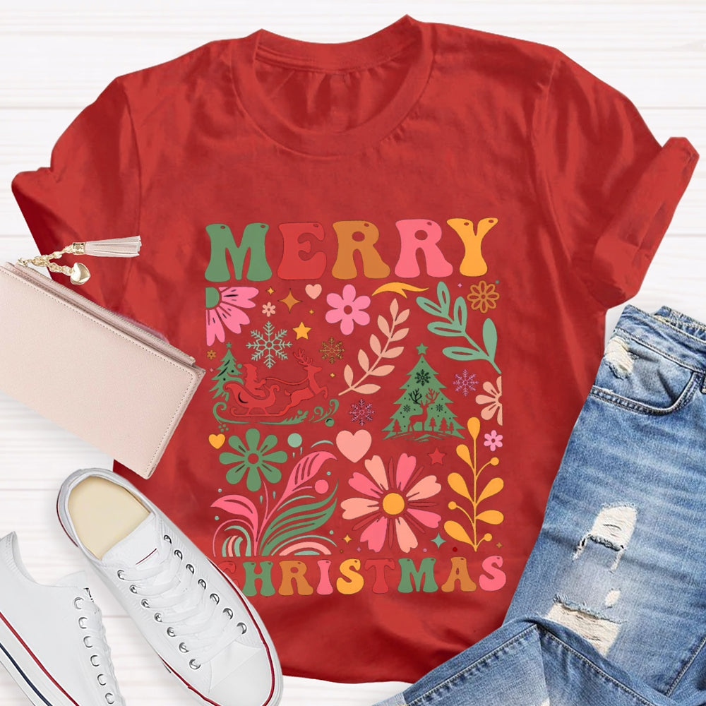 Merry Christmas Colorful Flowers And Christmas Trees T-shirt