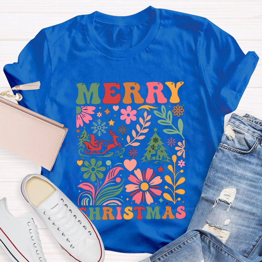 Merry Christmas Colorful Flowers And Christmas Trees T-shirt