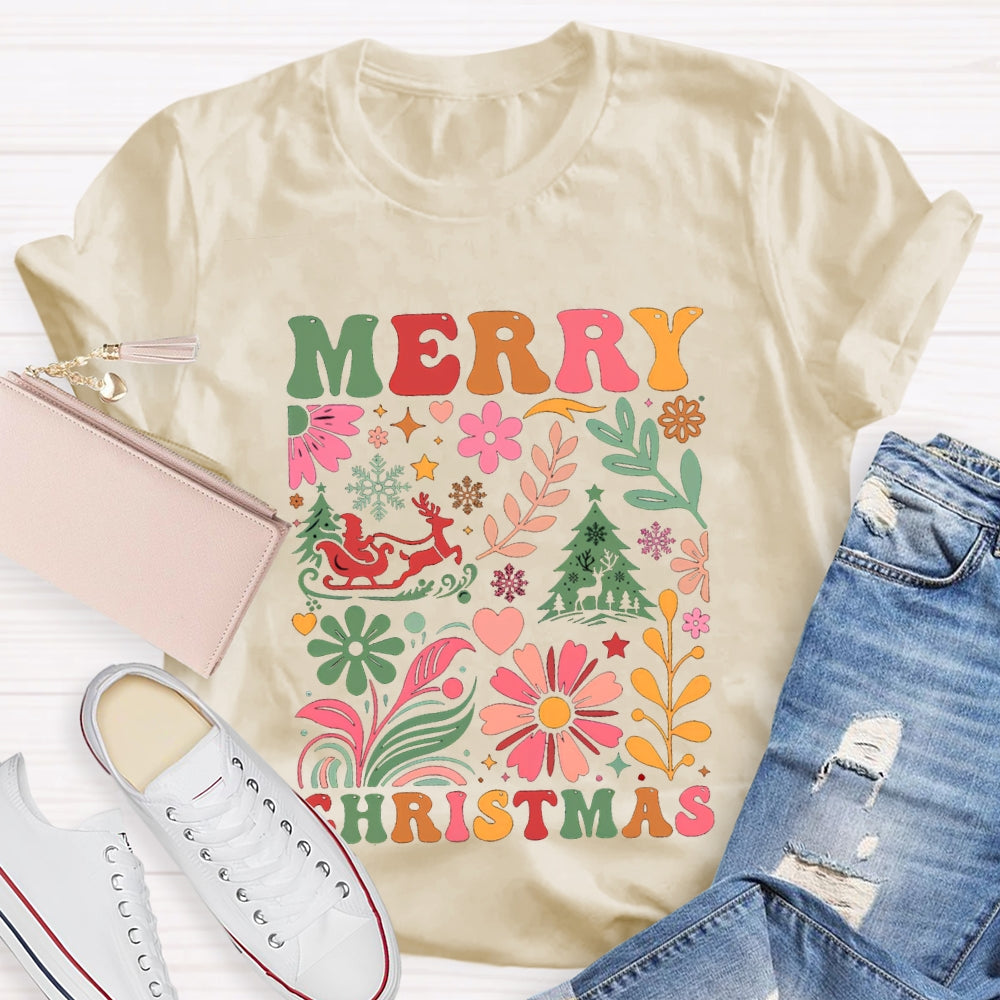 Merry Christmas Colorful Flowers And Christmas Trees T-shirt