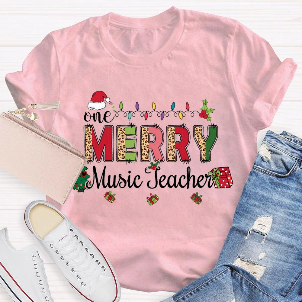Merry Music Teacher Christmas Lights And Colorful Leopard Print Font T-shirt