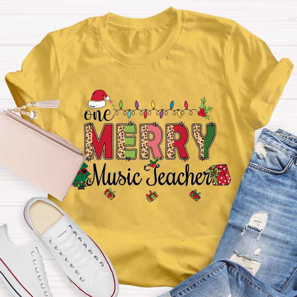 Merry Music Teacher Christmas Lights And Colorful Leopard Print Font T-shirt