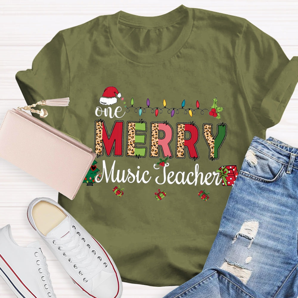 Merry Music Teacher Christmas Lights And Colorful Leopard Print Font T-shirt
