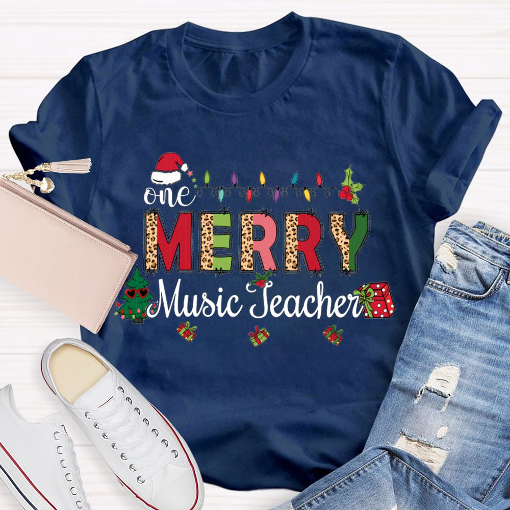 Merry Music Teacher Christmas Lights And Colorful Leopard Print Font T-shirt
