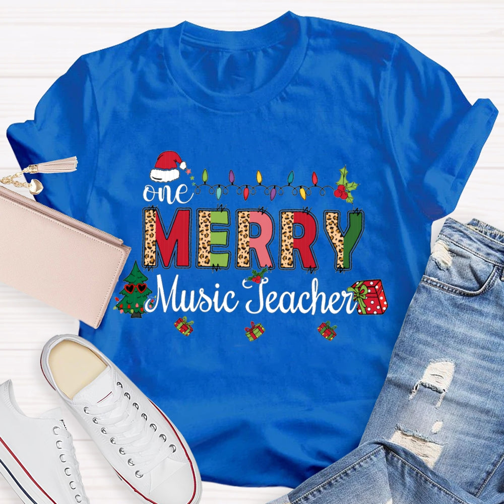 Merry Music Teacher Christmas Lights And Colorful Leopard Print Font T-shirt