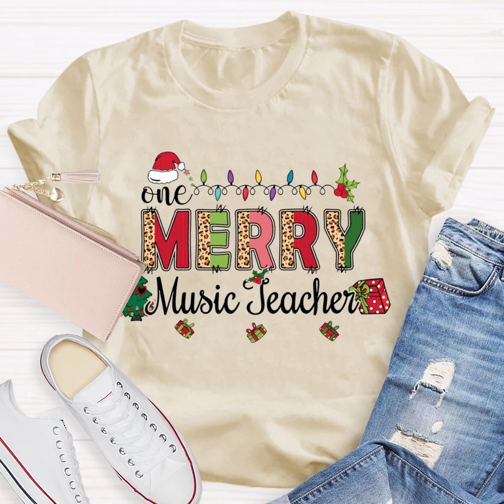 Merry Music Teacher Christmas Lights And Colorful Leopard Print Font T-shirt