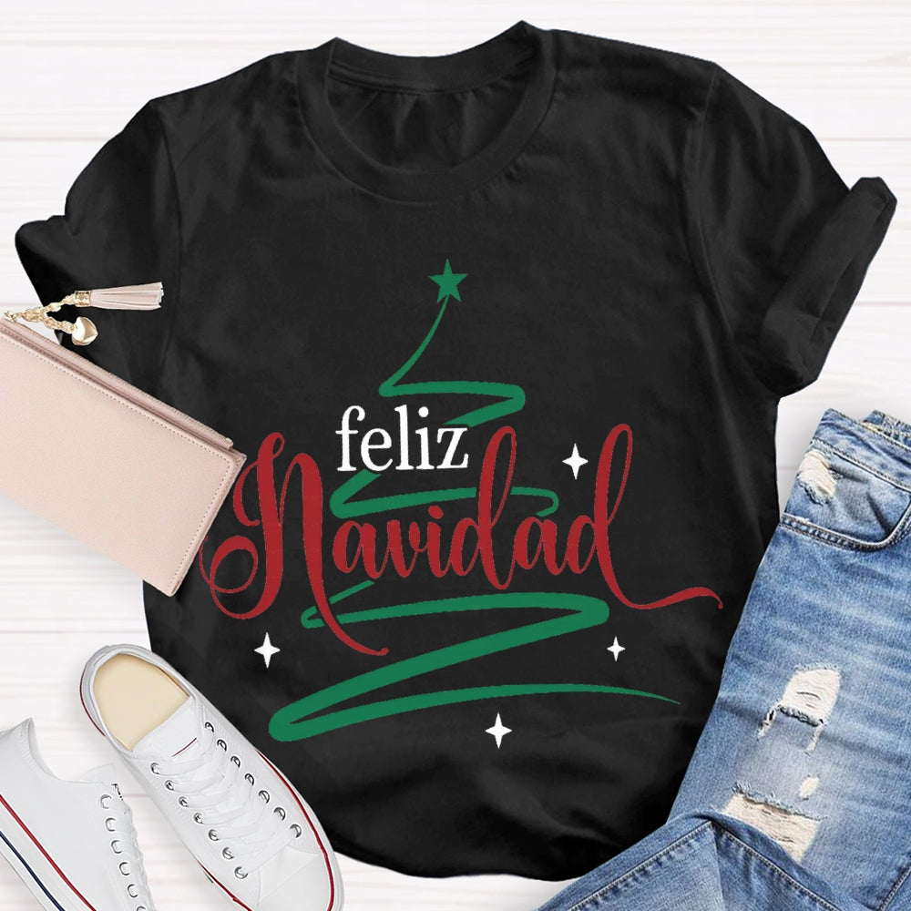 Feliz Navidad Colorful Font Christmas Tree Bilingual T-shirt
