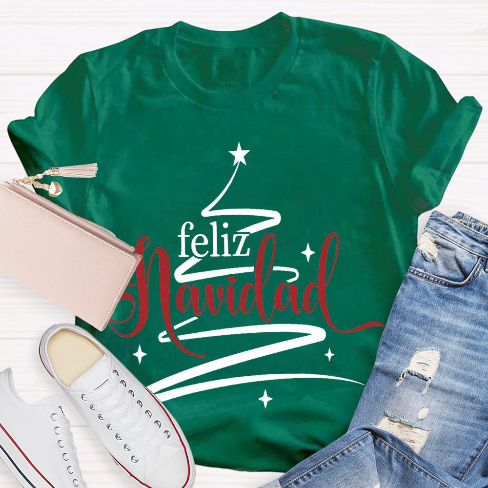 Feliz Navidad Colorful Font Christmas Tree Bilingual T-shirt
