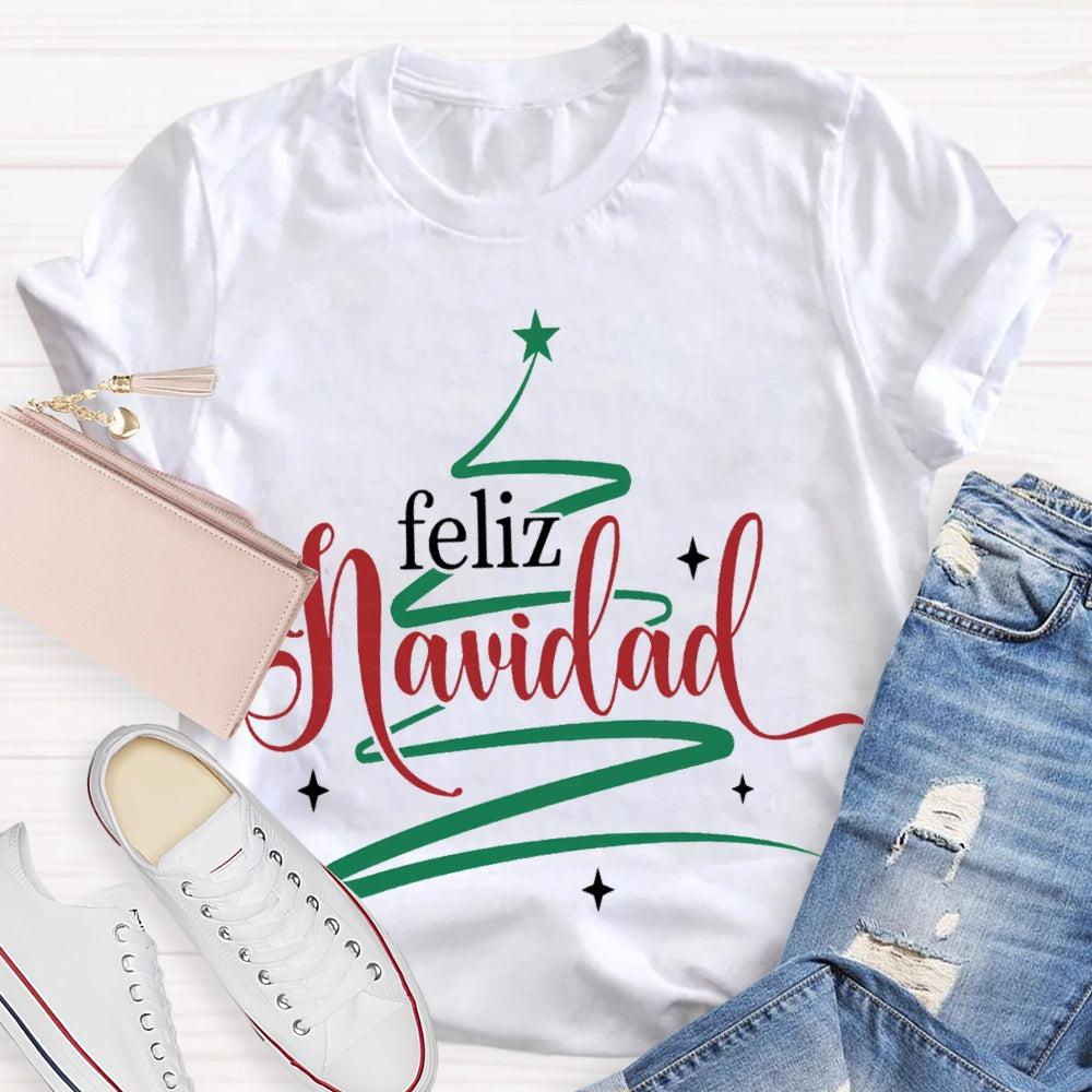 Feliz Navidad Colorful Font Christmas Tree Bilingual T-shirt