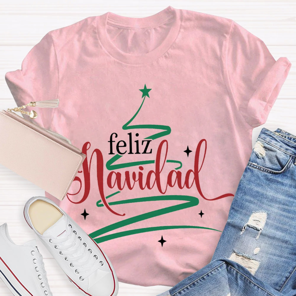 Feliz Navidad Colorful Font Christmas Tree Bilingual T-shirt