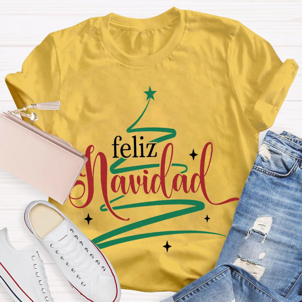 Feliz Navidad Colorful Font Christmas Tree Bilingual T-shirt