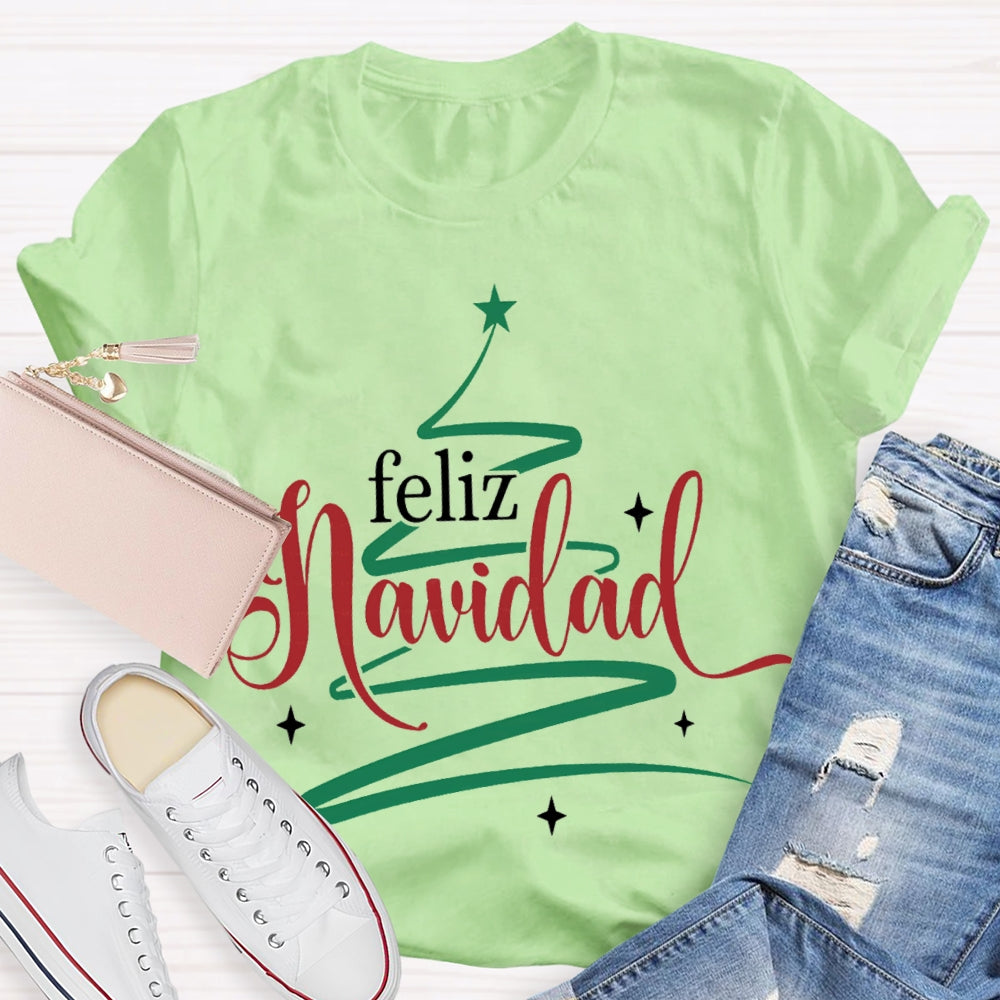 Feliz Navidad Colorful Font Christmas Tree Bilingual T-shirt