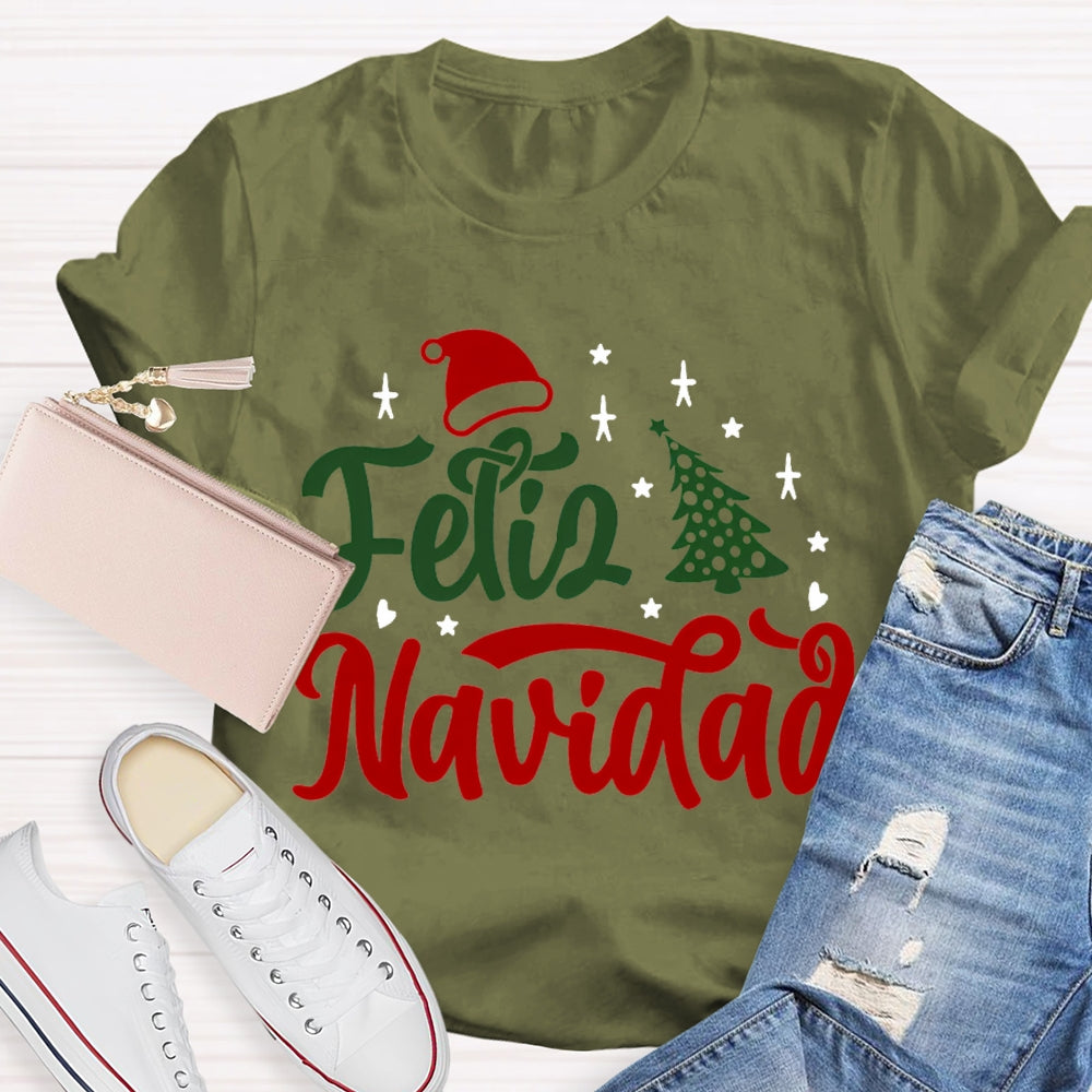 Feliz Navidad Santa Hat And Christmas Tree Bilingual T-shirt