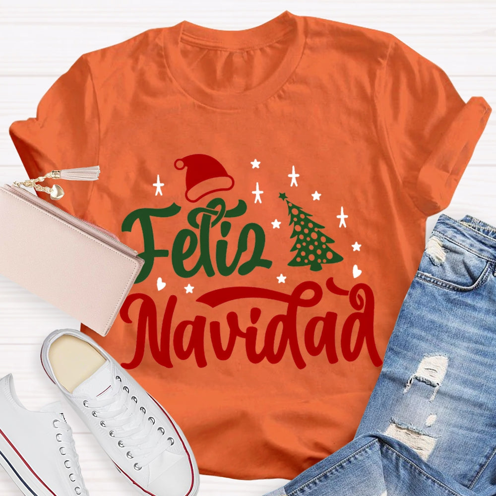 Feliz Navidad Santa Hat And Christmas Tree Bilingual T-shirt
