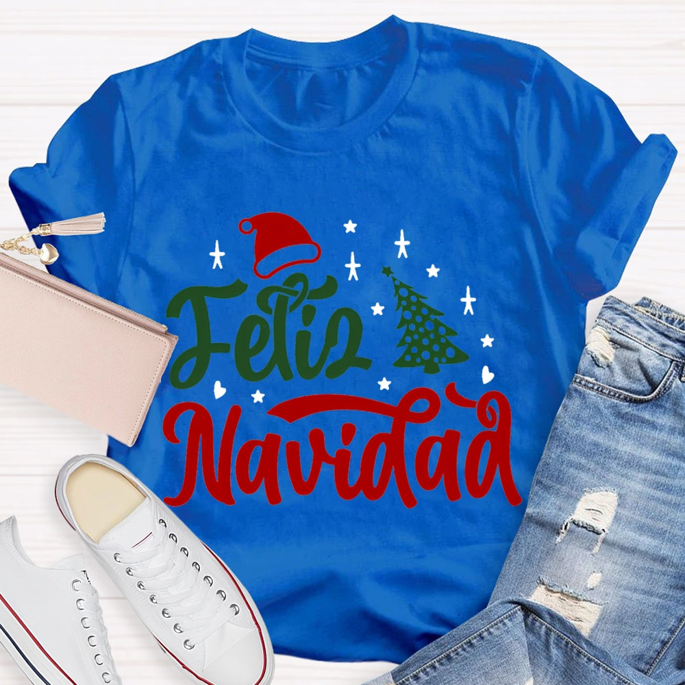Feliz Navidad Santa Hat And Christmas Tree Bilingual T-shirt