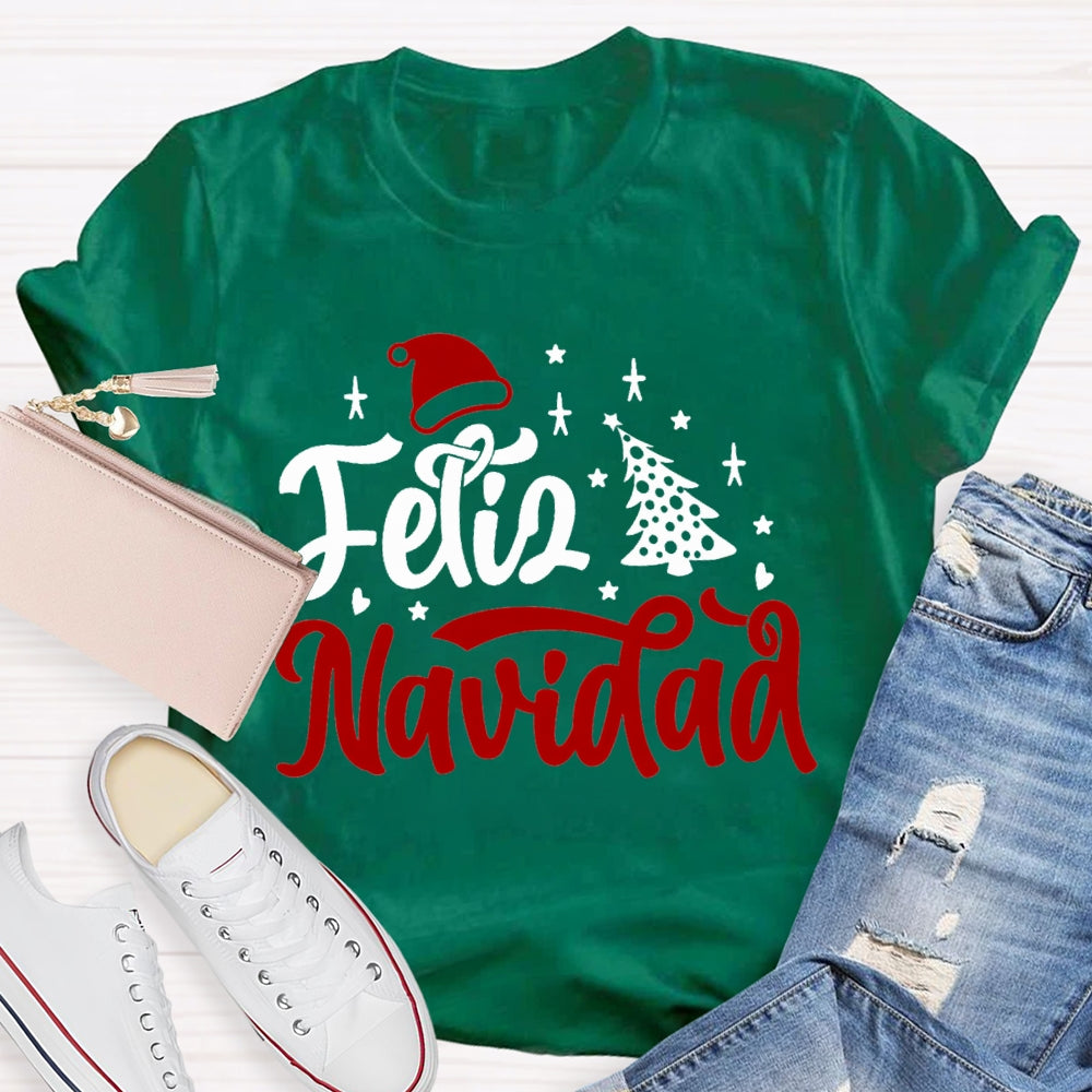 Feliz Navidad Santa Hat And Christmas Tree Bilingual T-shirt