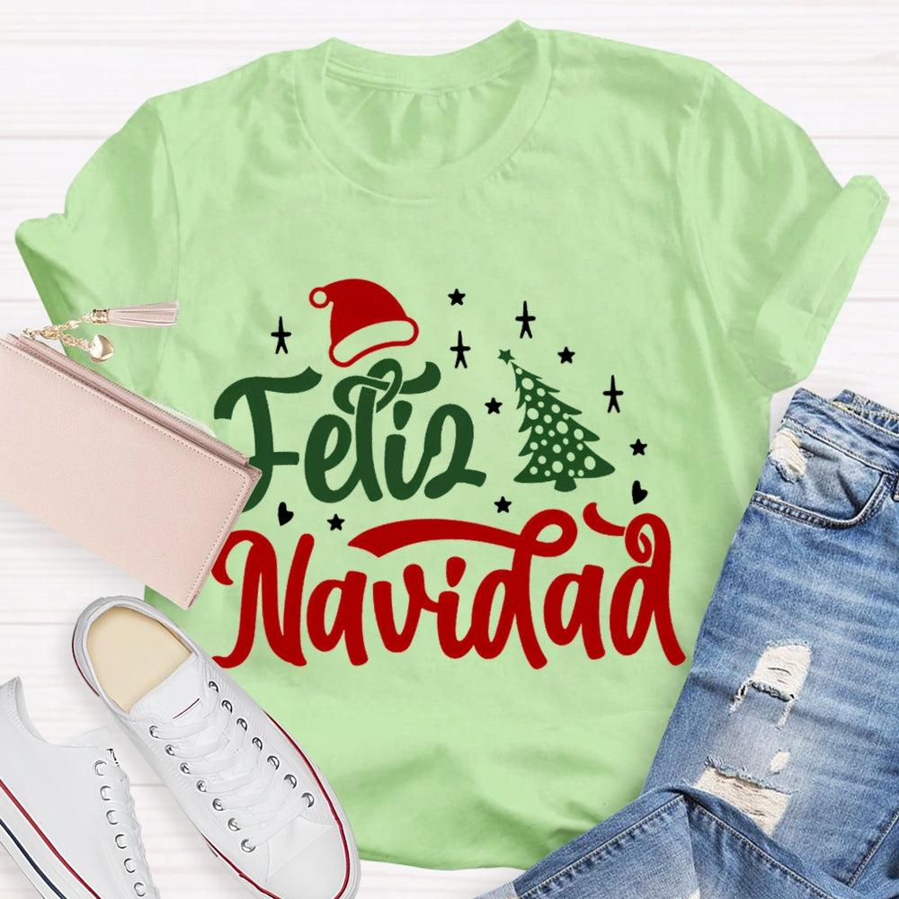 Feliz Navidad Santa Hat And Christmas Tree Bilingual T-shirt
