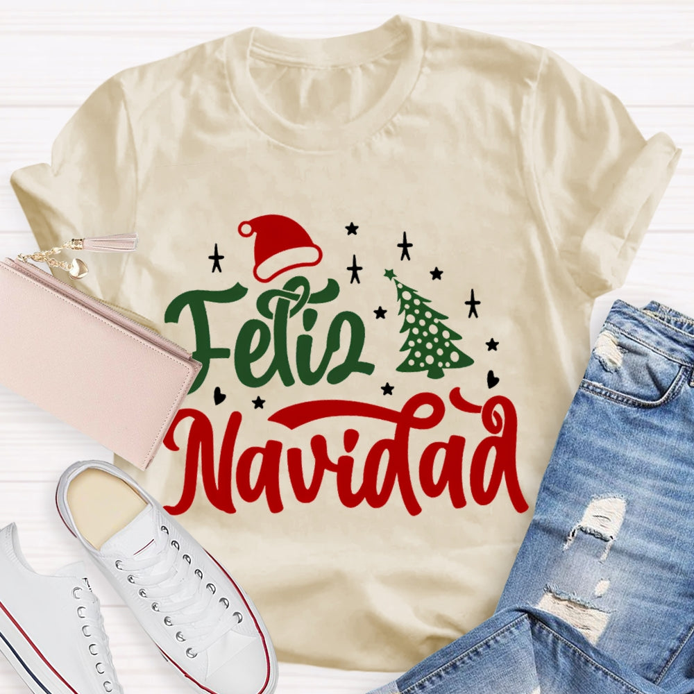 Feliz Navidad Santa Hat And Christmas Tree Bilingual T-shirt