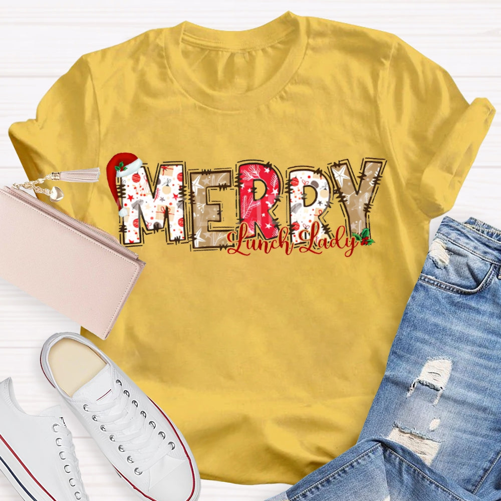 Merry Lunch Lady Santa Hat And Christmas Vibes Fonts T-shirt