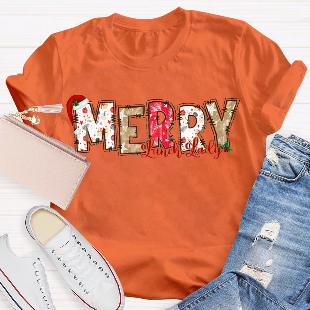 Merry Lunch Lady Santa Hat And Christmas Vibes Fonts T-shirt