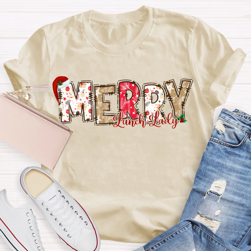 Merry Lunch Lady Santa Hat And Christmas Vibes Fonts T-shirt