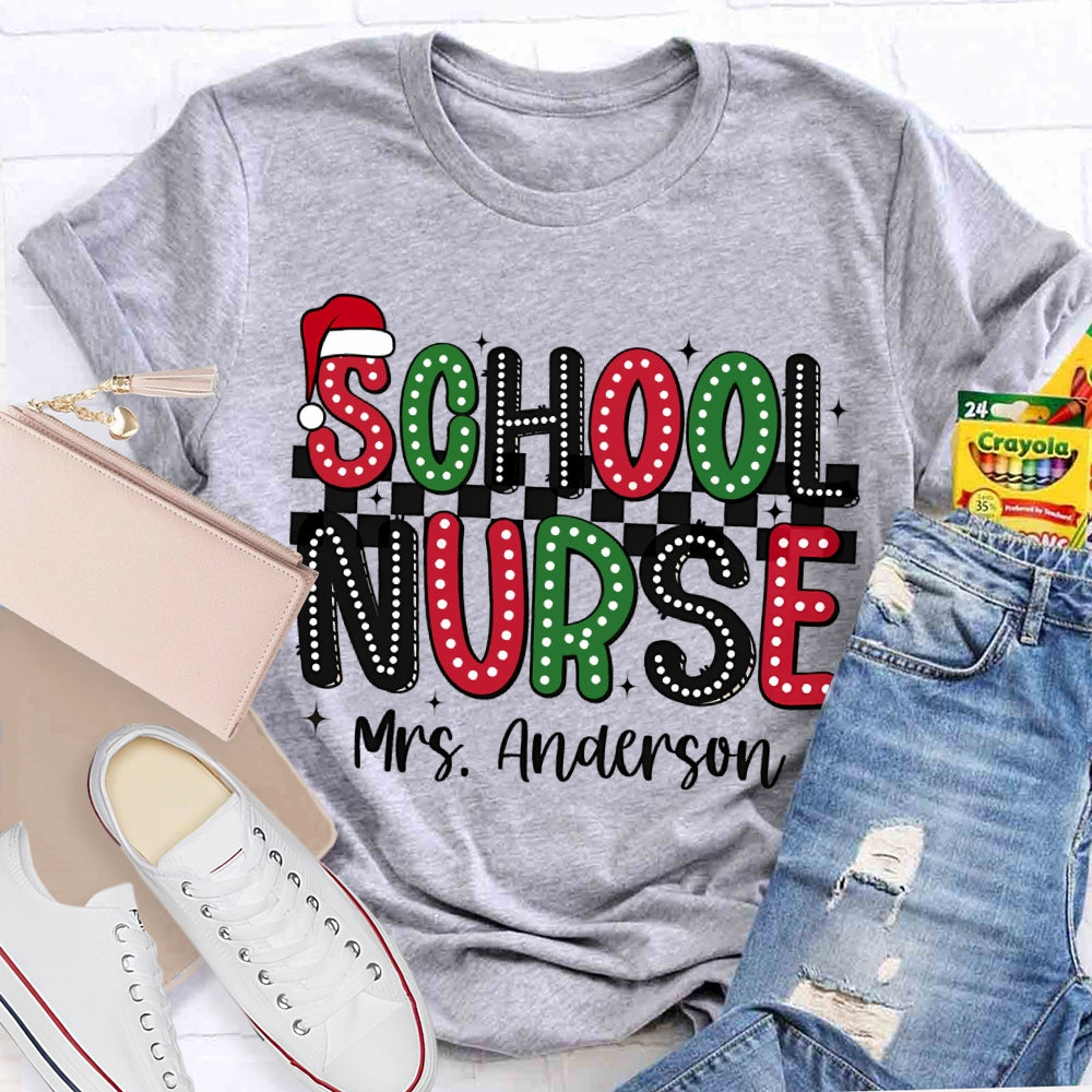 Personalized Name School Nurse Santa Hat Christmas T-shirt