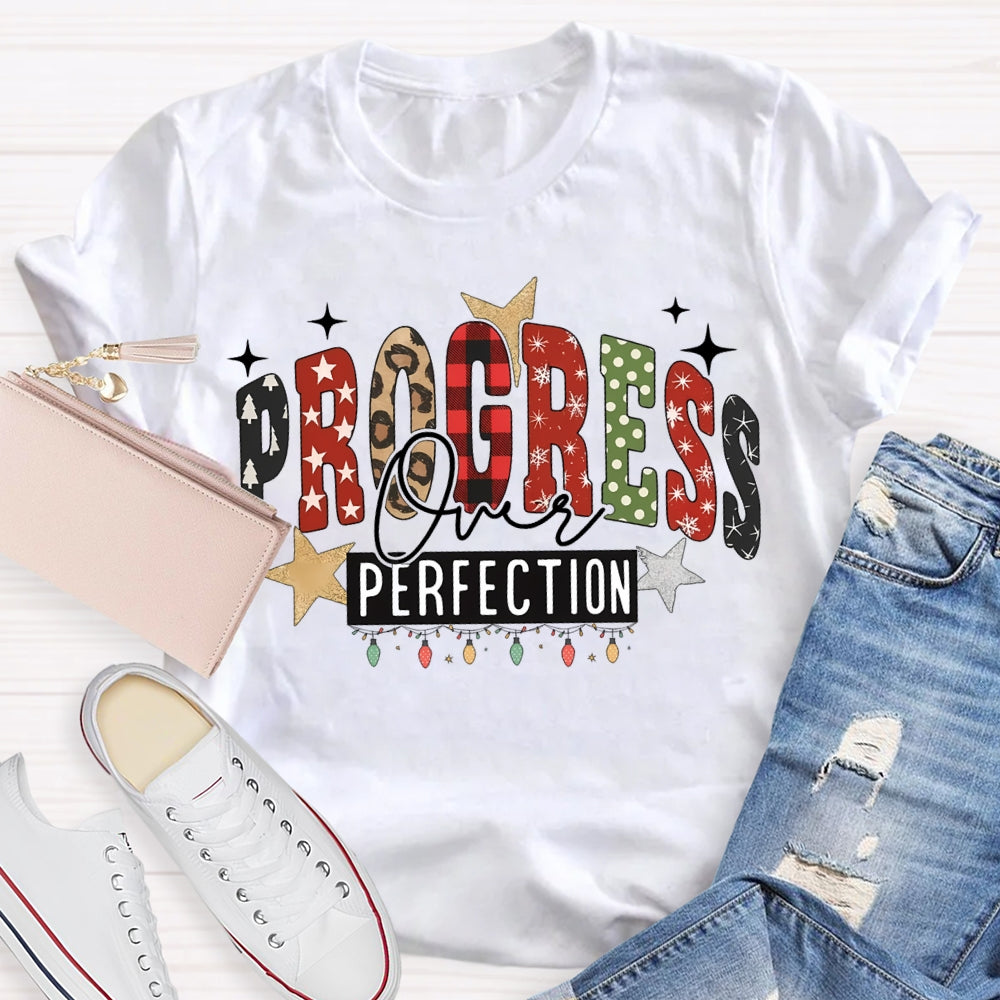 Progress Over Perfection Colorful Fonts And Christmas Lights T-shirt