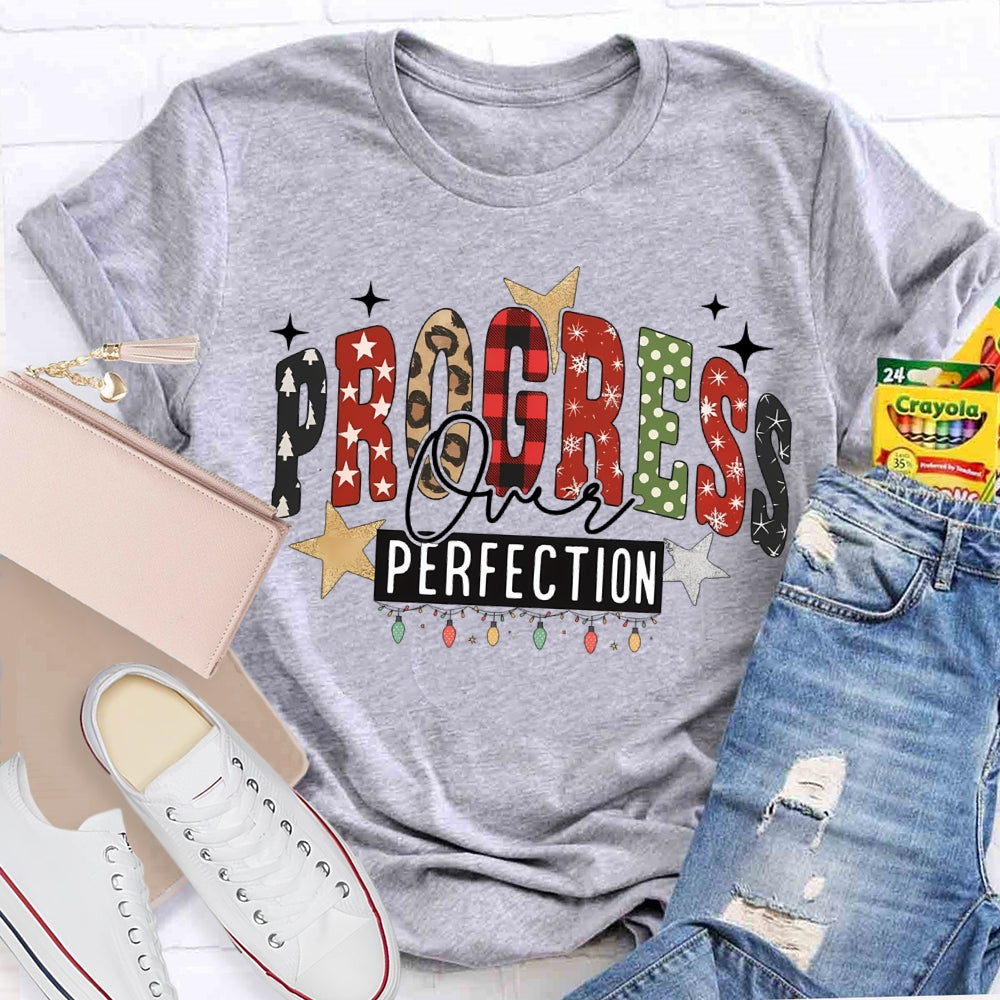Progress Over Perfection Colorful Fonts And Christmas Lights T-shirt