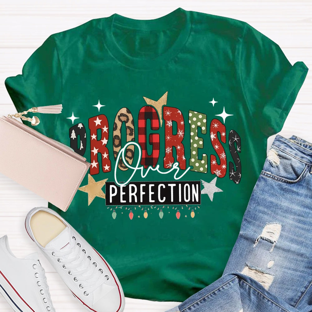 Progress Over Perfection Colorful Fonts And Christmas Lights T-shirt