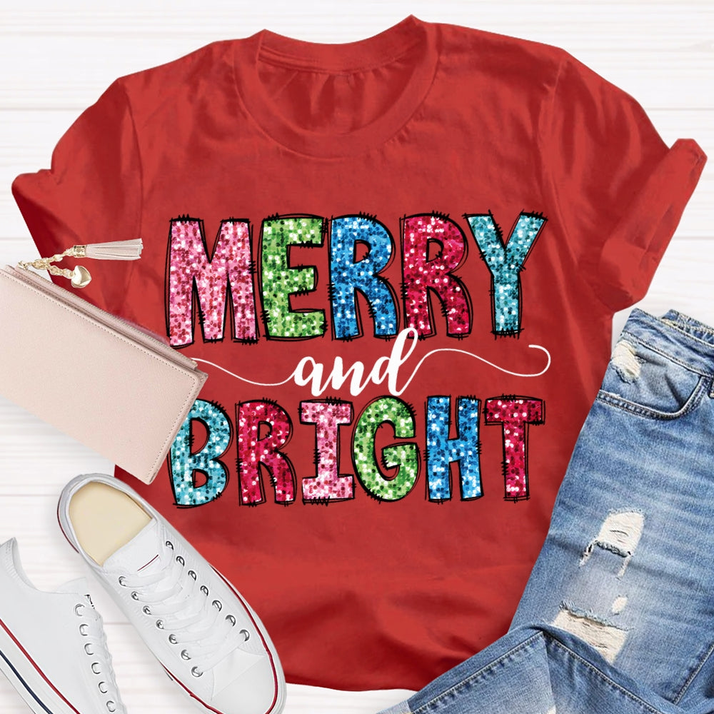 Merry And Bright Colorful Christmas Fonts Christmas T-shirt