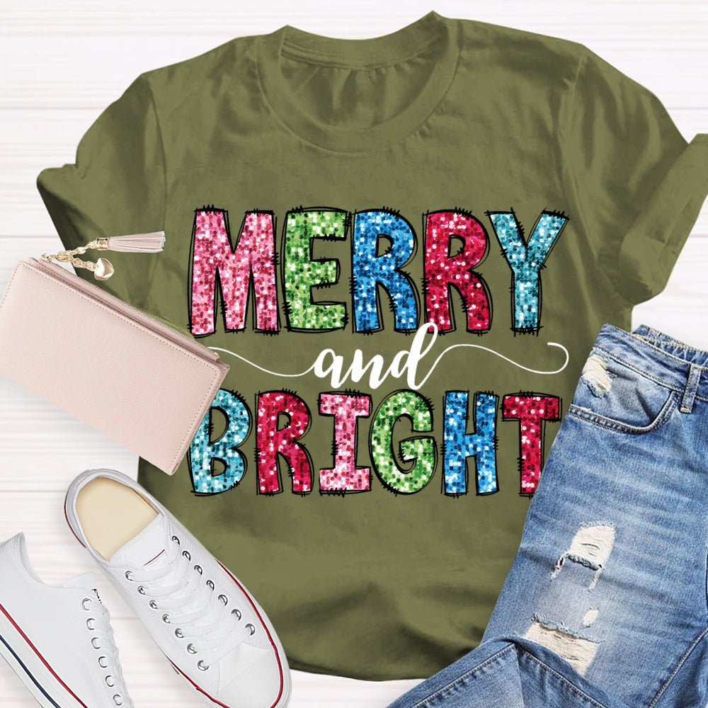 Merry And Bright Colorful Christmas Fonts Christmas T-shirt