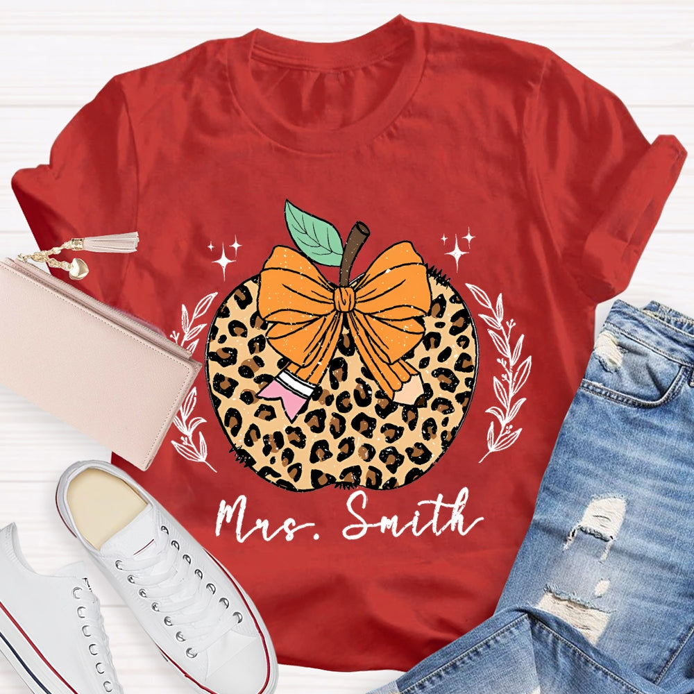 Personalized Name Bow Leopard Print Apple T-shirt