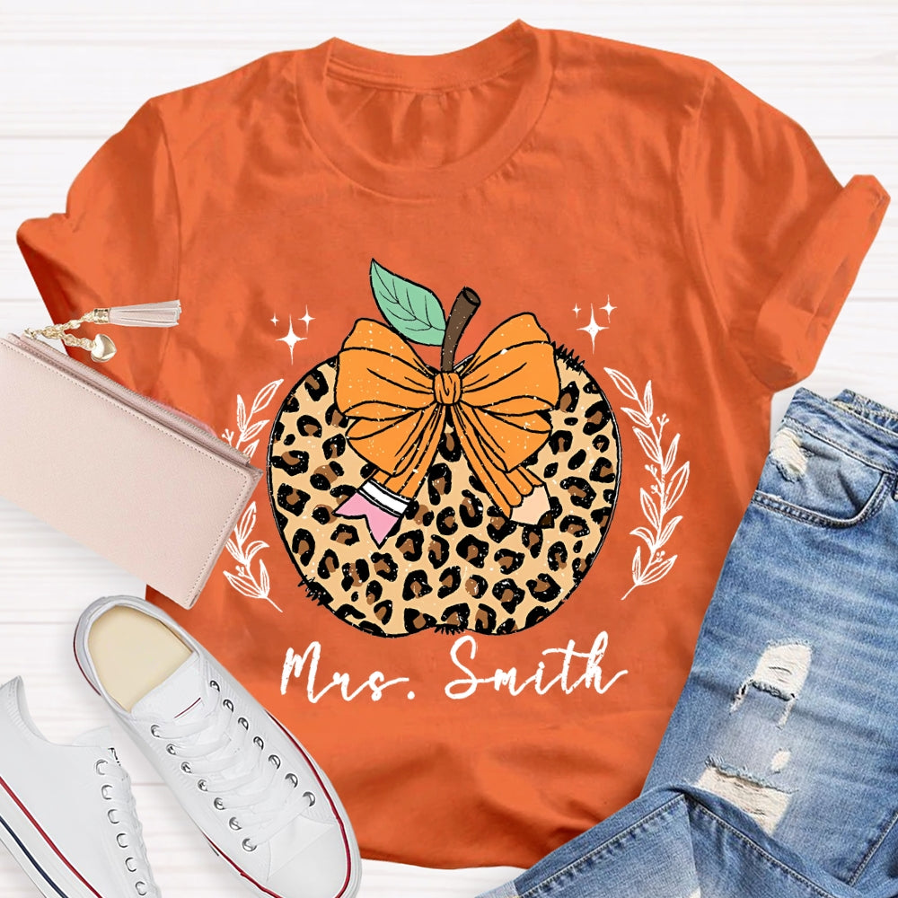 Personalized Name Bow Leopard Print Apple T-shirt