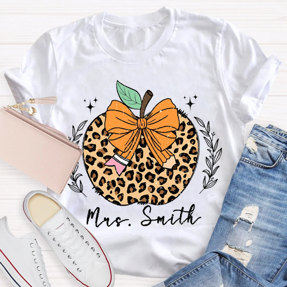 Personalized Name Bow Leopard Print Apple T-shirt