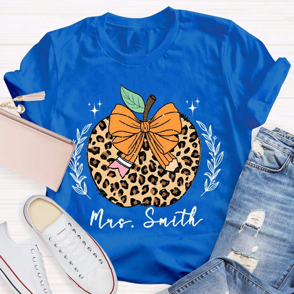 Personalized Name Bow Leopard Print Apple T-shirt